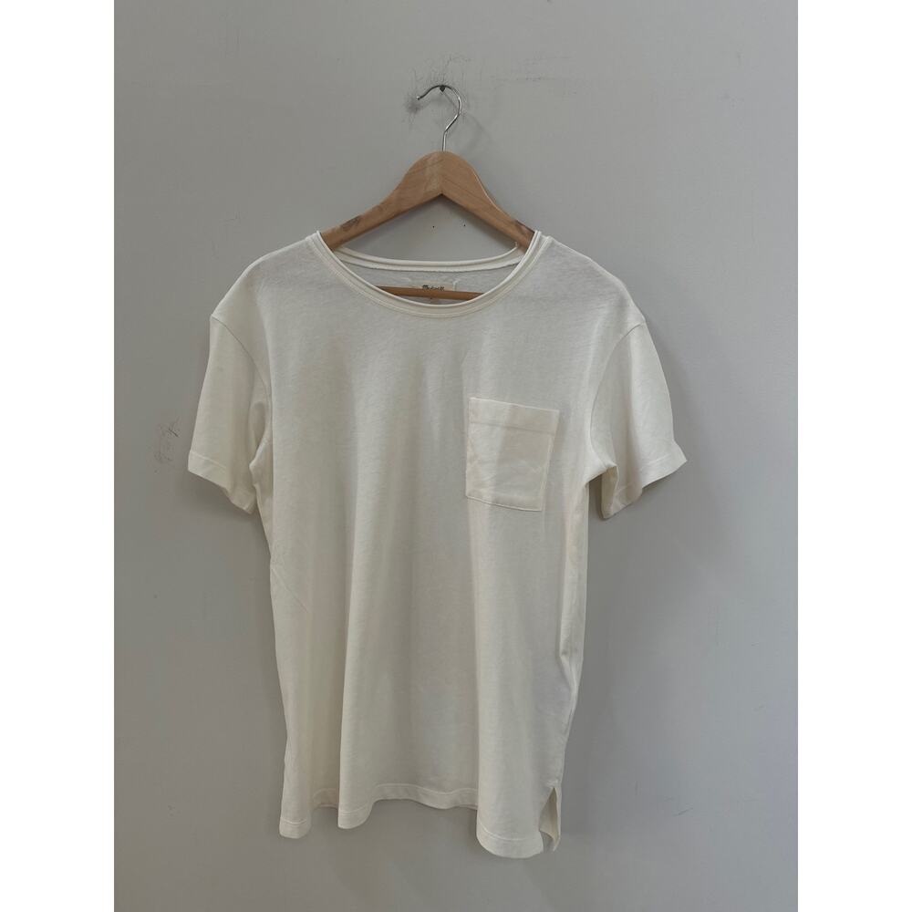 MADEWELL White Cream Oversized Pocket Tee Rolled Collar Sz XS Basic Essential